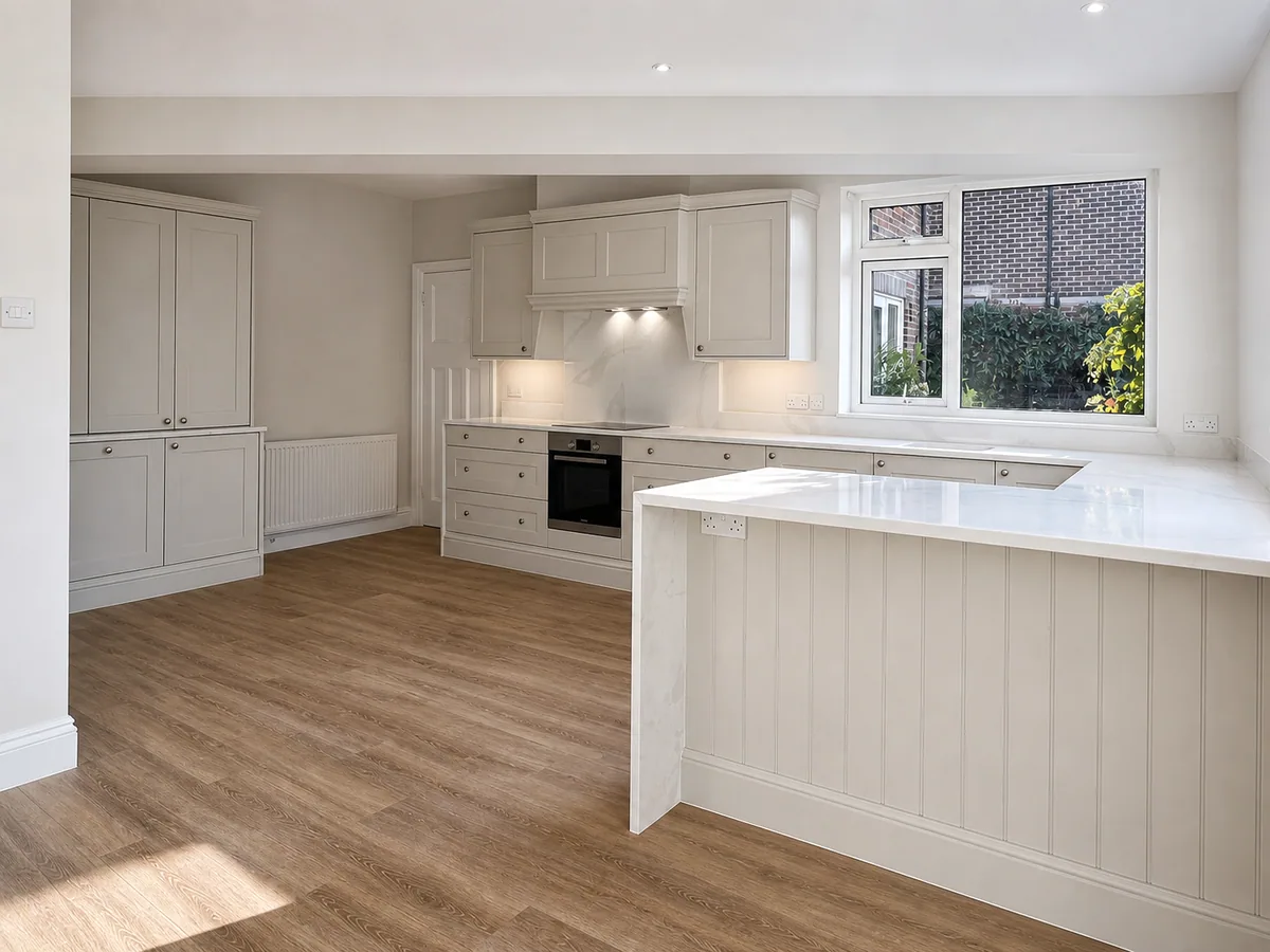 Bespoke painted shaker kitchen with marble peninsula