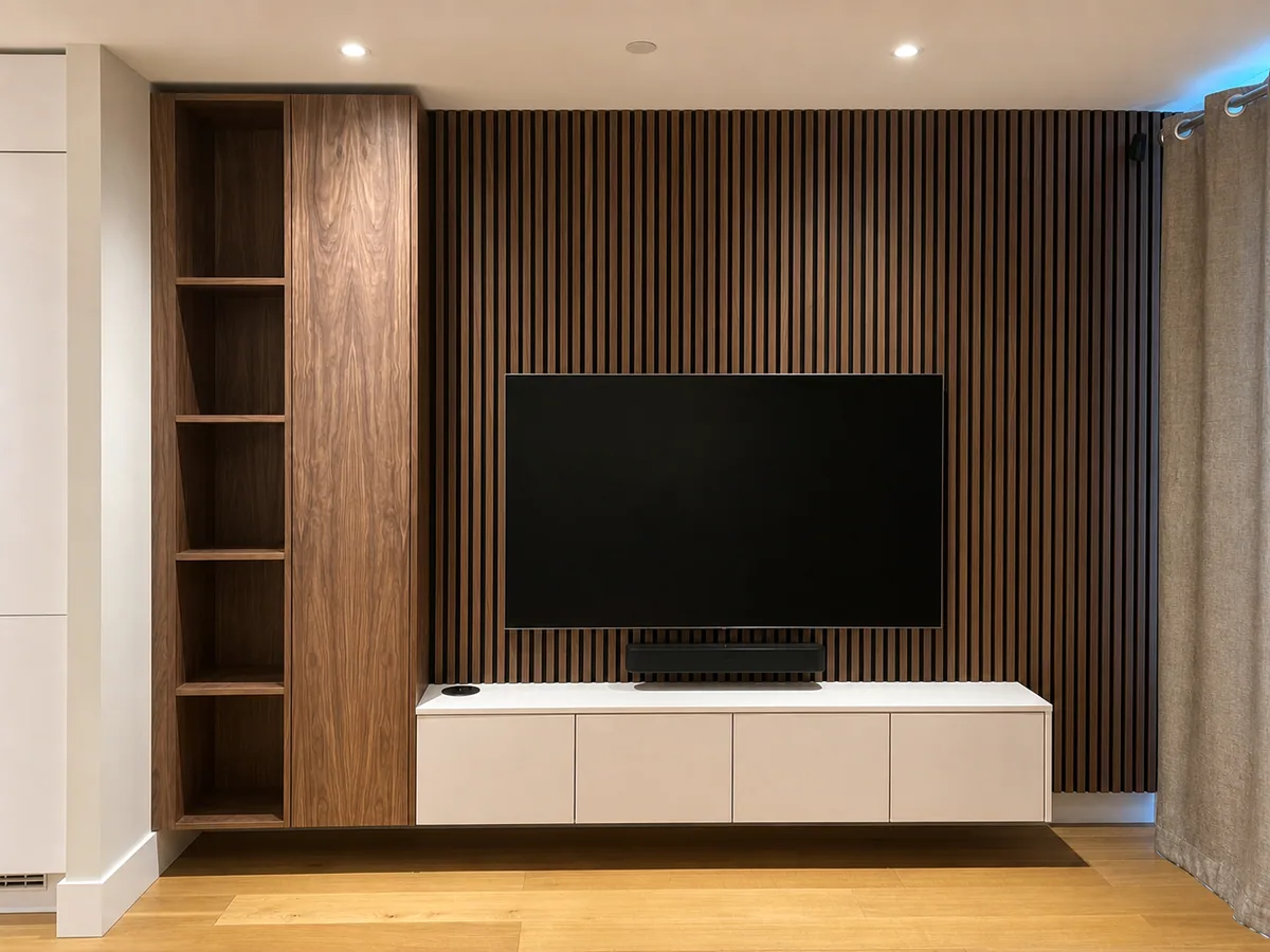 Walnut slatted media wall with floating fitted storage