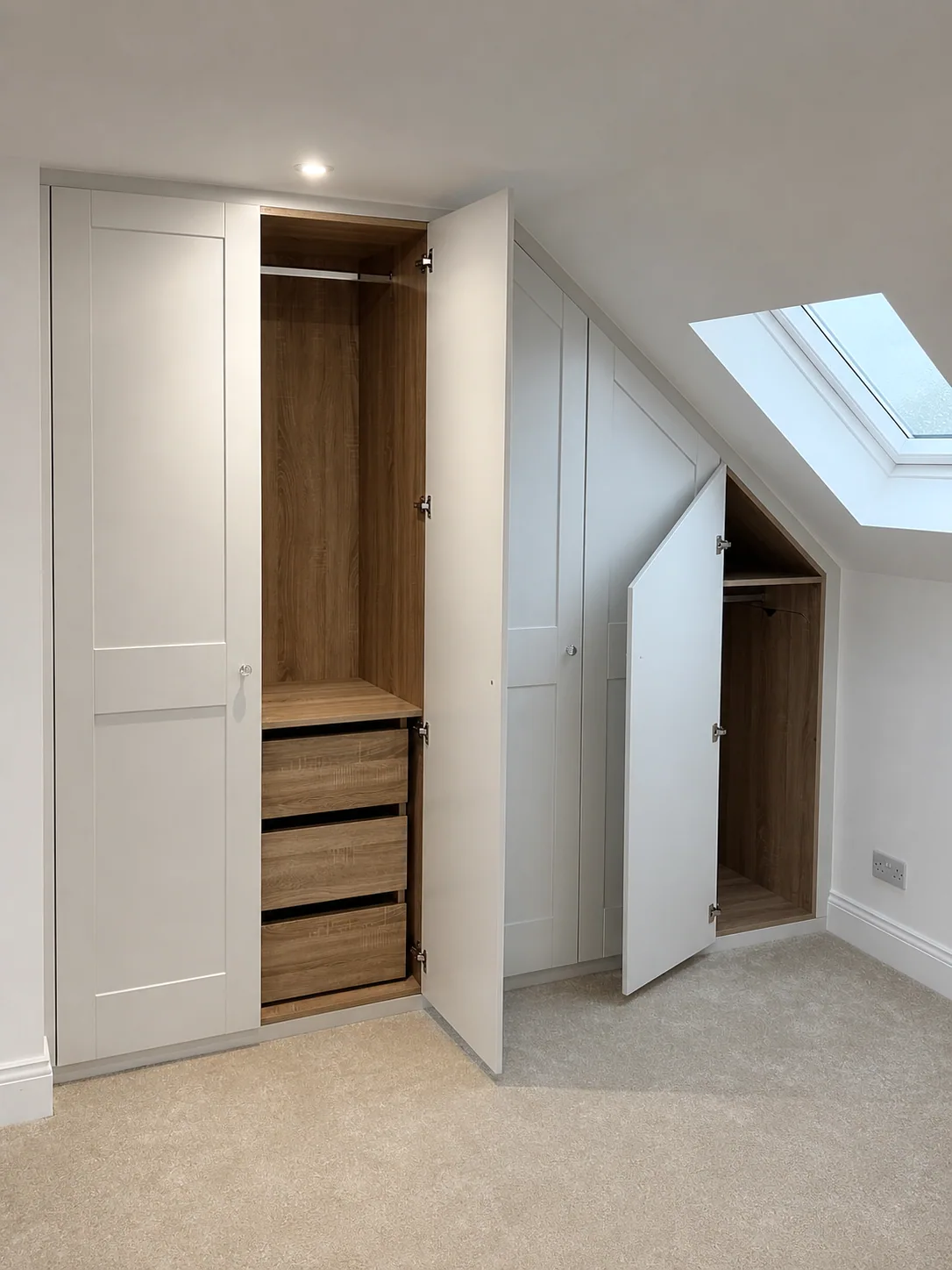 Open fitted eaves wardrobes showing timber interiors and drawers